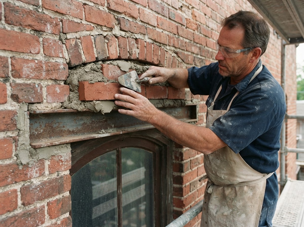 Mason performing selective brick repair above a window opening, showing replacement brick being installed