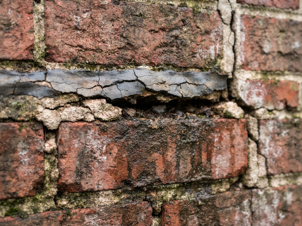 Failed mortar joints and cracked sealant at a masonry transition, showing water entry paths and deteriorated sealant