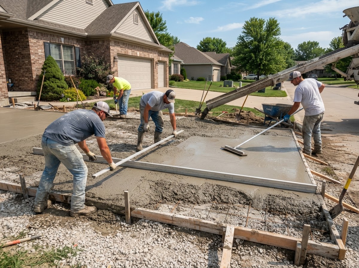 Masons pouring and screeding a concrete driveway with reinforcement mesh