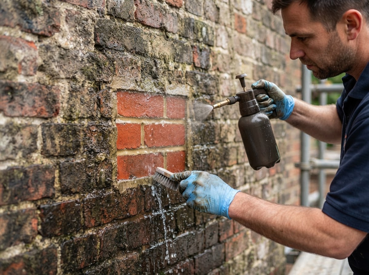 Mason testing a small brick cleaning area with controlled rinsing before full wall cleaning