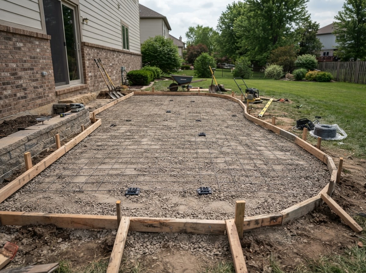 Setting wood forms and gravel base for a new concrete patio in Huxley