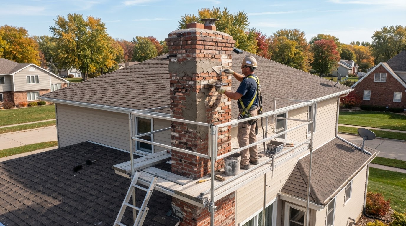 Professional exterior chimney masonry repair on a residential roofline in Nevada, IA