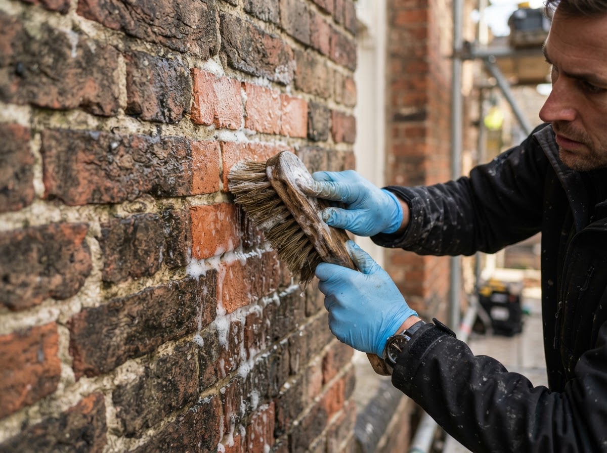 Mason cleaning a brick surface with compatible cleaner and brush as part of masonry restoration