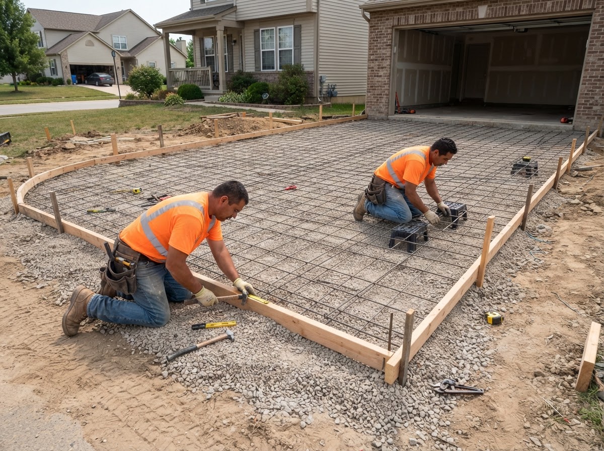Concrete driveway forming and base preparation with forms and reinforcement before pour