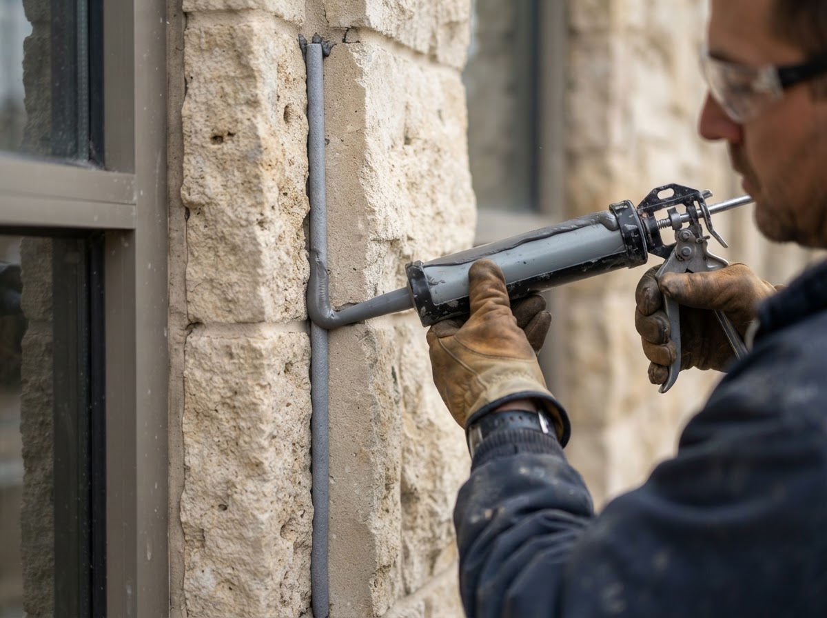 Mason replacing failed sealant at a masonry perimeter joint with backer rod and elastomeric sealant