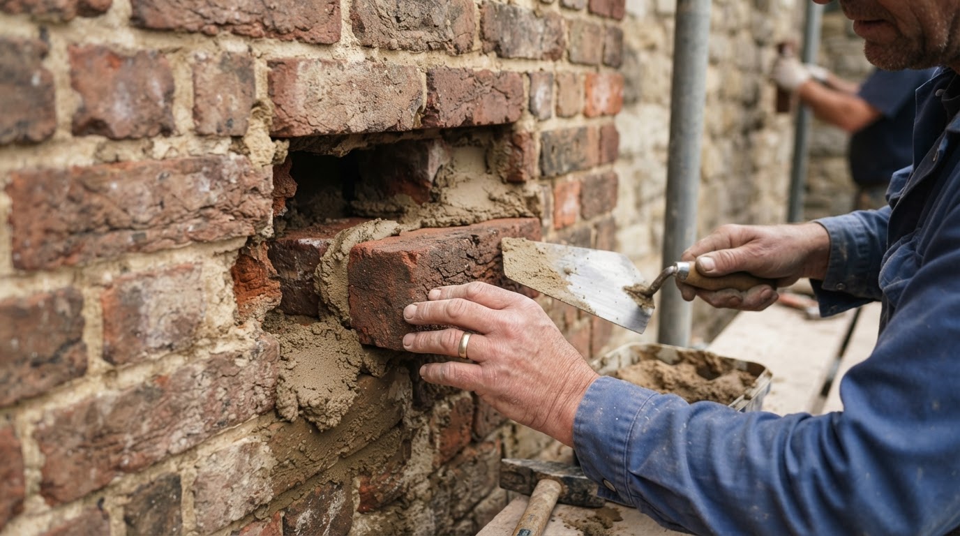 Replacing individual spalled bricks on an older brick wall in Story City