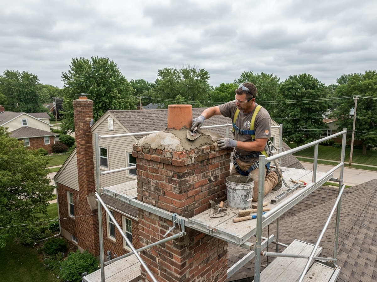Mason repairing a residential chimney crown and brick with safe scaffolding access