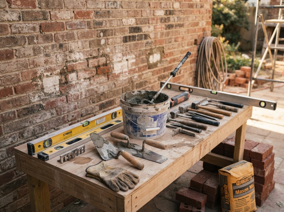 Masonry tools and material preparation staged for a repair project