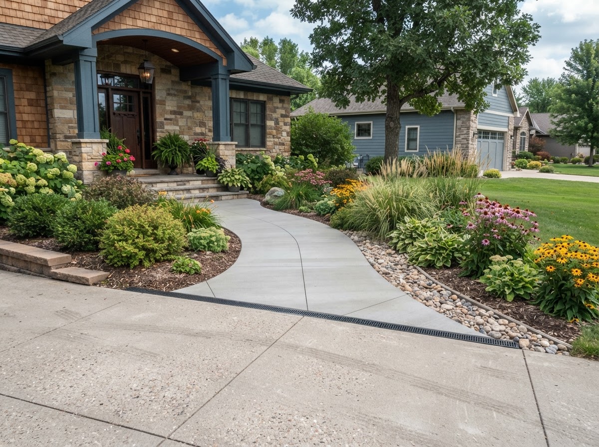 Entry and driveway transition on a finished concrete walkway in the Ames area