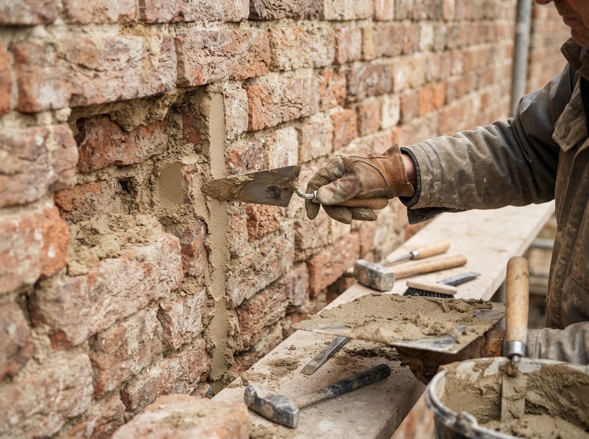 Mason repointing deteriorated mortar joints with a pointing trowel on a brick wall