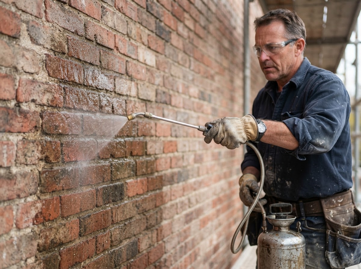 Mason applying a breathable water-repellent treatment to a brick wall surface with a sprayer