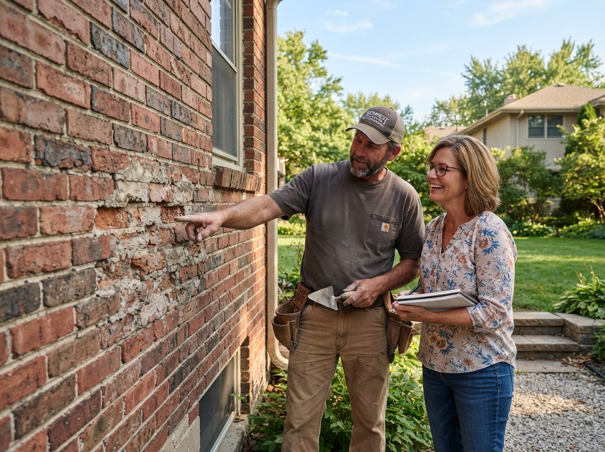 Close-up of professional tuckpointing mortar joint repair on a brick wall