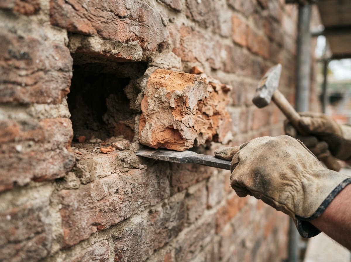 Spalled clay brick being carefully removed from a wall with a chisel, showing the deteriorated face and clean cavity