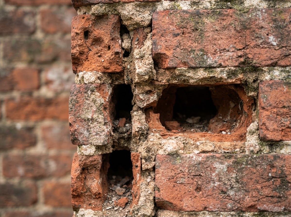 Raking out failed mortar joints to uniform depth on a Nevada brick facade