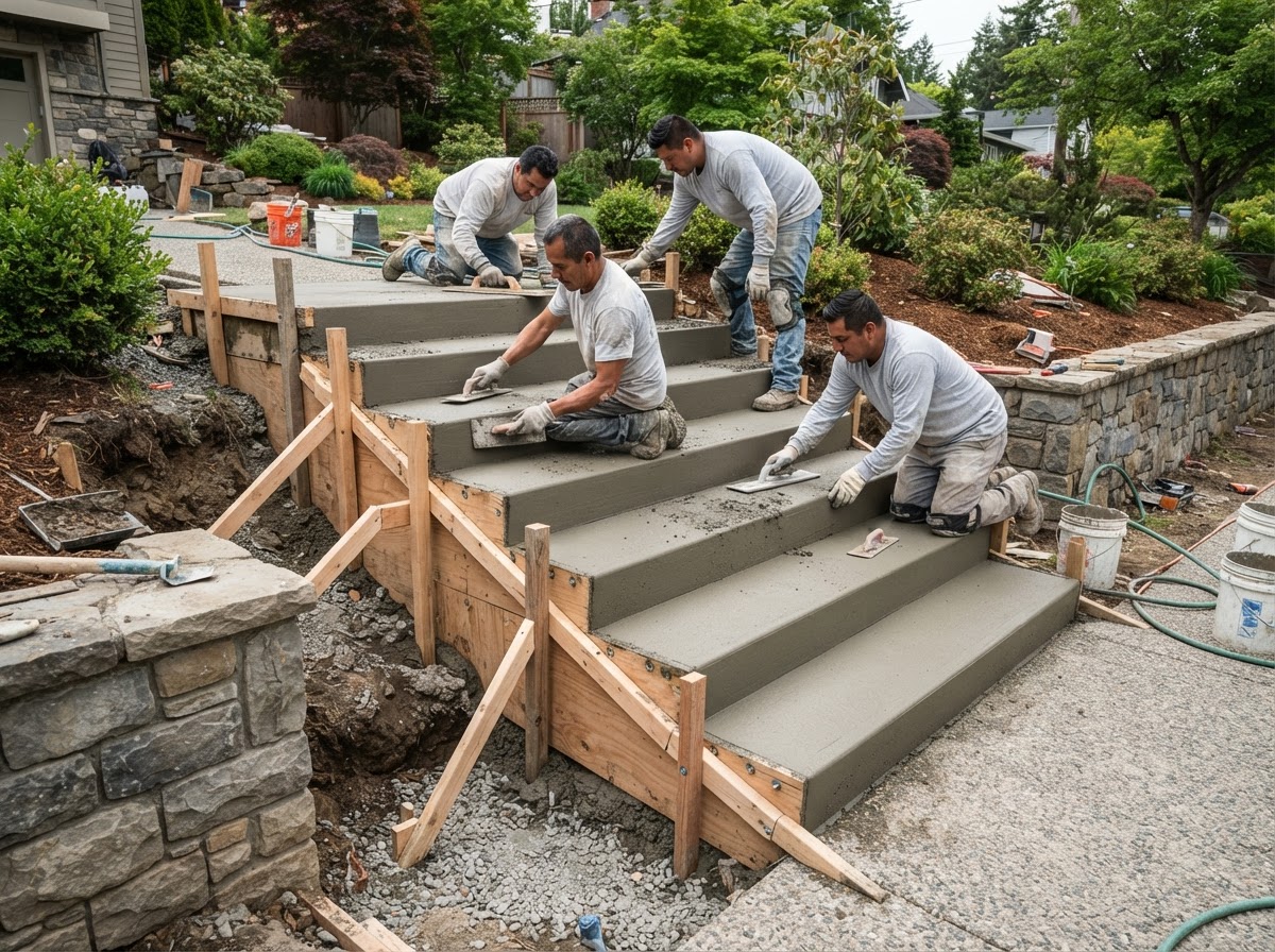 Concrete placement and finishing detail for residential steps in the Ames area