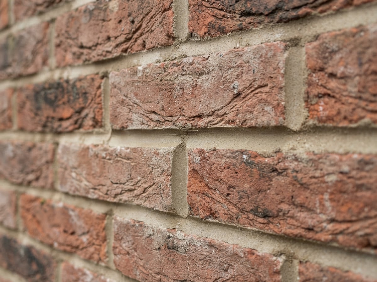 Freshly tooled compatible mortar joints in a brick wall with clean concave joint profiles
