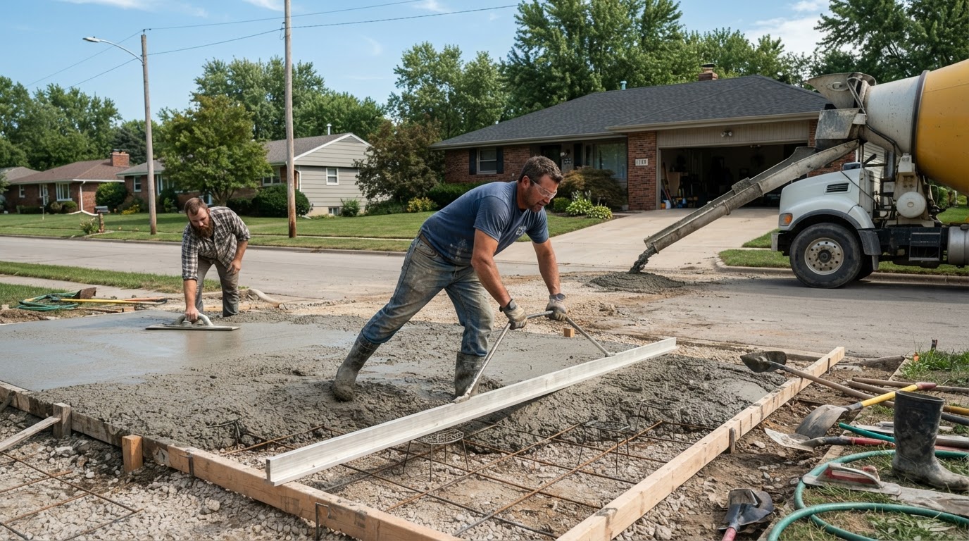 Professional mason pouring and finishing concrete flatwork on a Central Iowa residential driveway