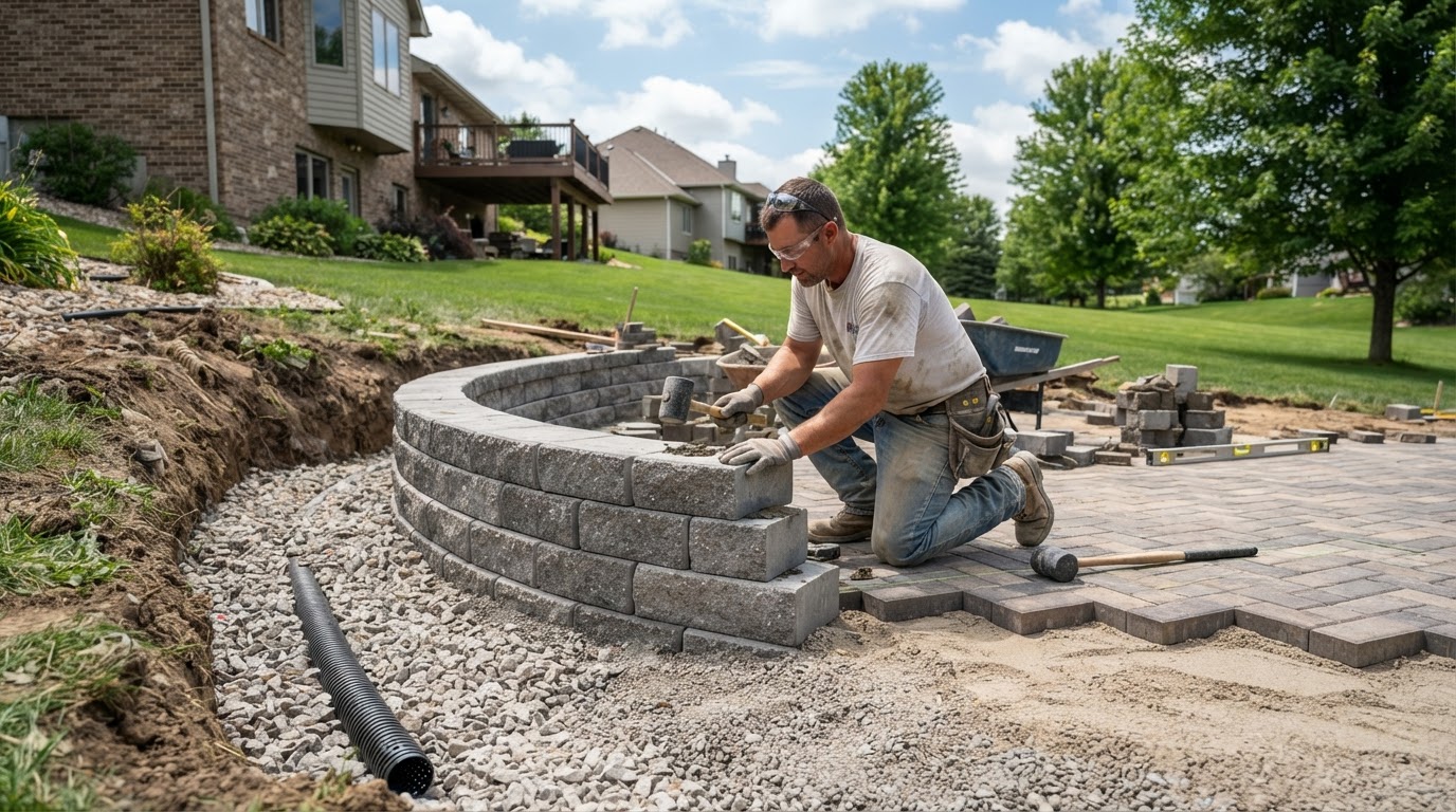 Professional mason building a segmental retaining wall and paver patio in a Central Iowa yard