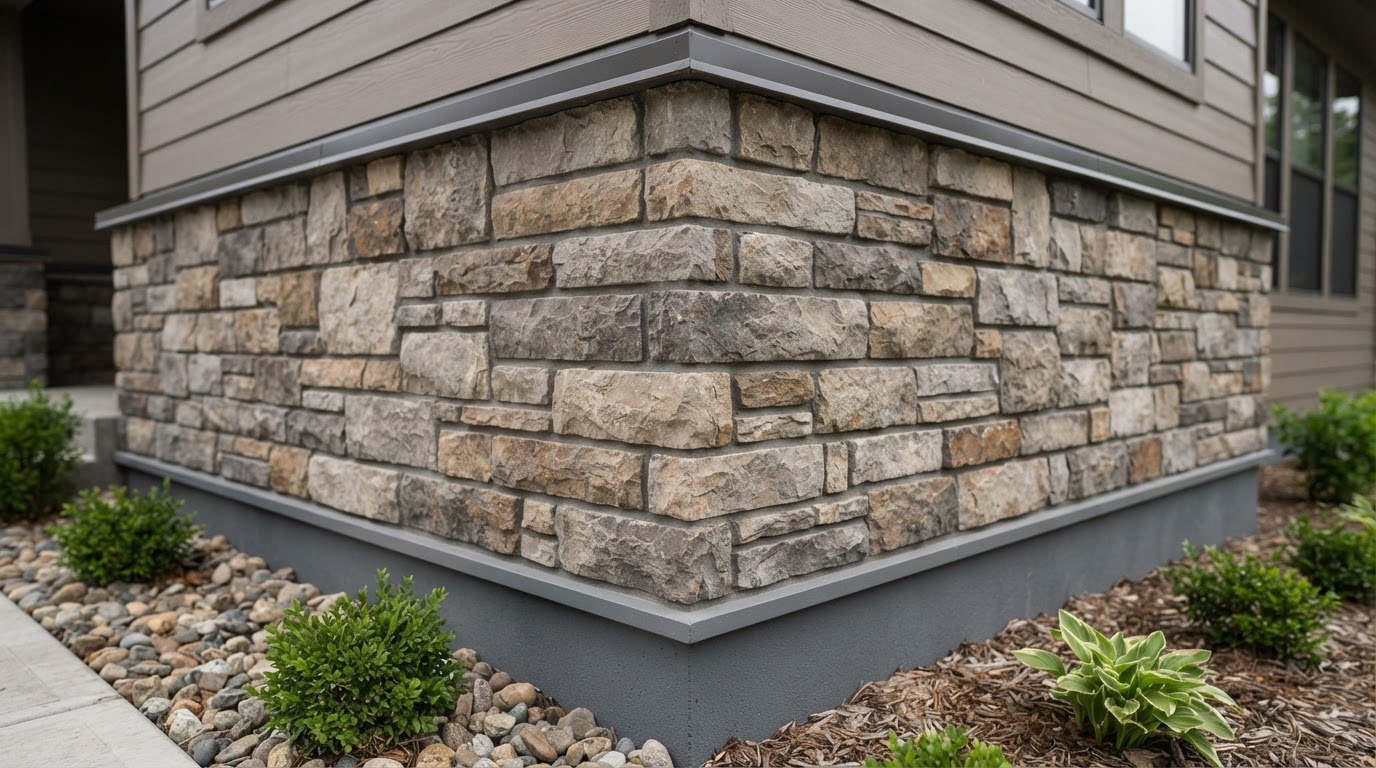 Setting thin-cut natural stone veneer with tight mortar joints on a Huxley home