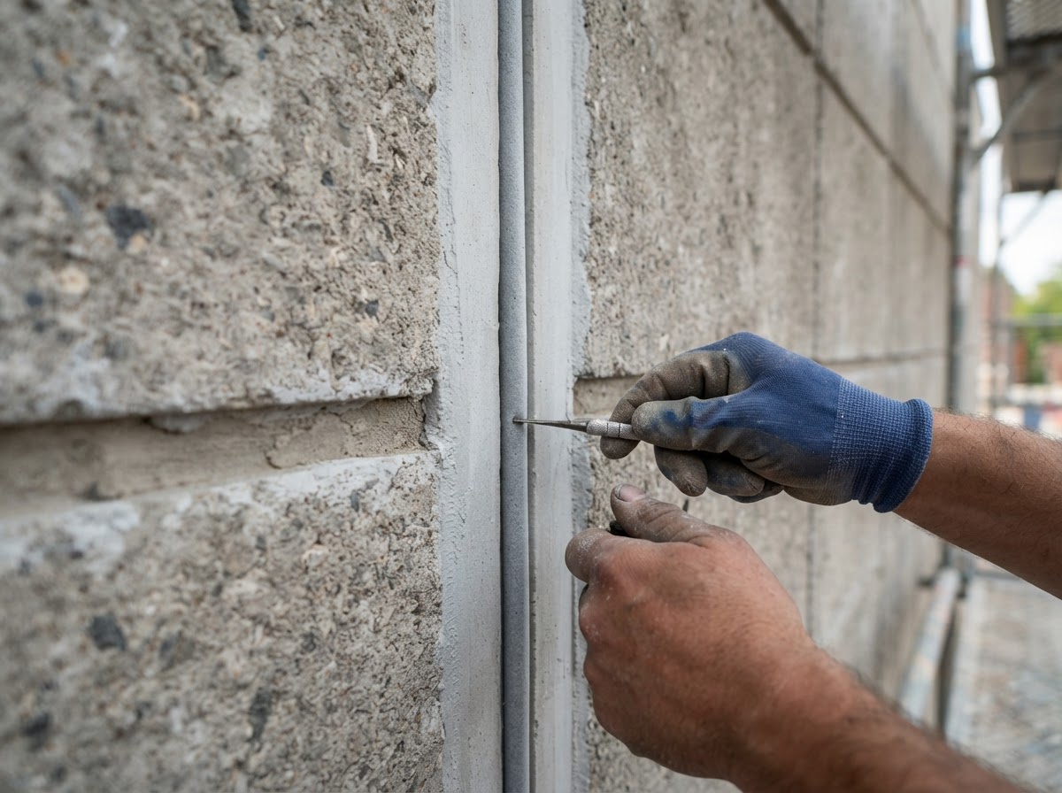 Backer rod being installed in a masonry expansion joint before sealant application, showing joint geometry preparation