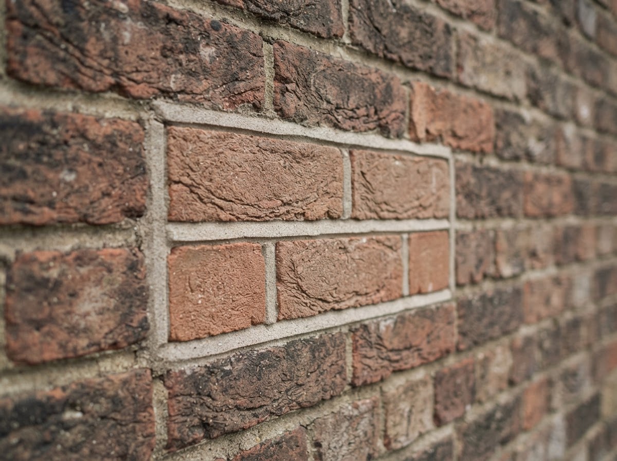 Repointed and repaired masonry wall section, showing fresh compatible mortar joints and replaced brick