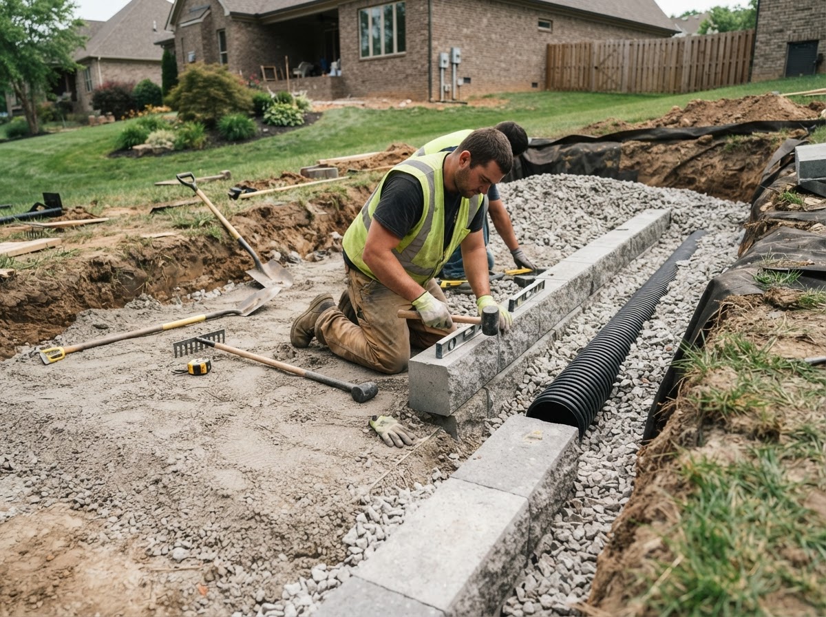 Constructing a heavy-duty retaining wall base course beside a driveway in Huxley