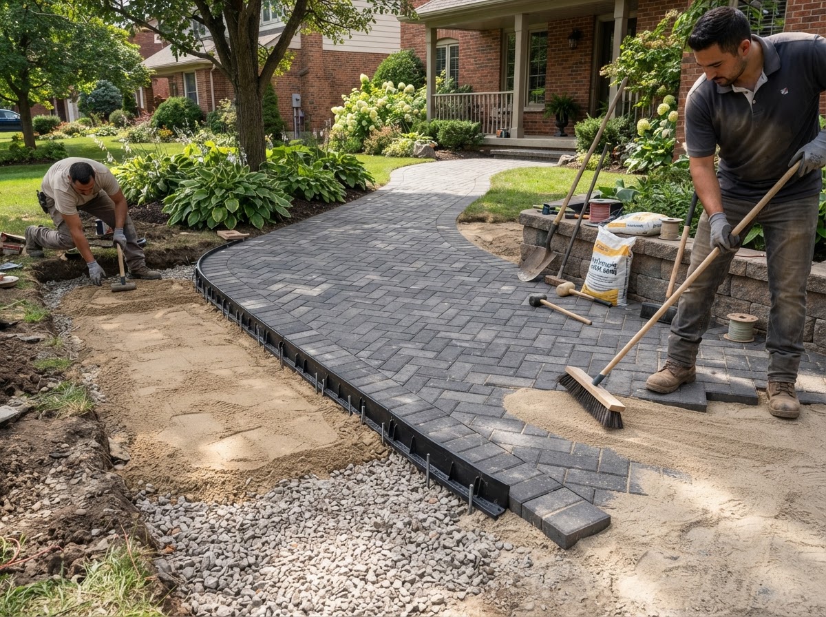 Paver walkway installation with base preparation, paver layout, edge restraint, and polymeric joint sand