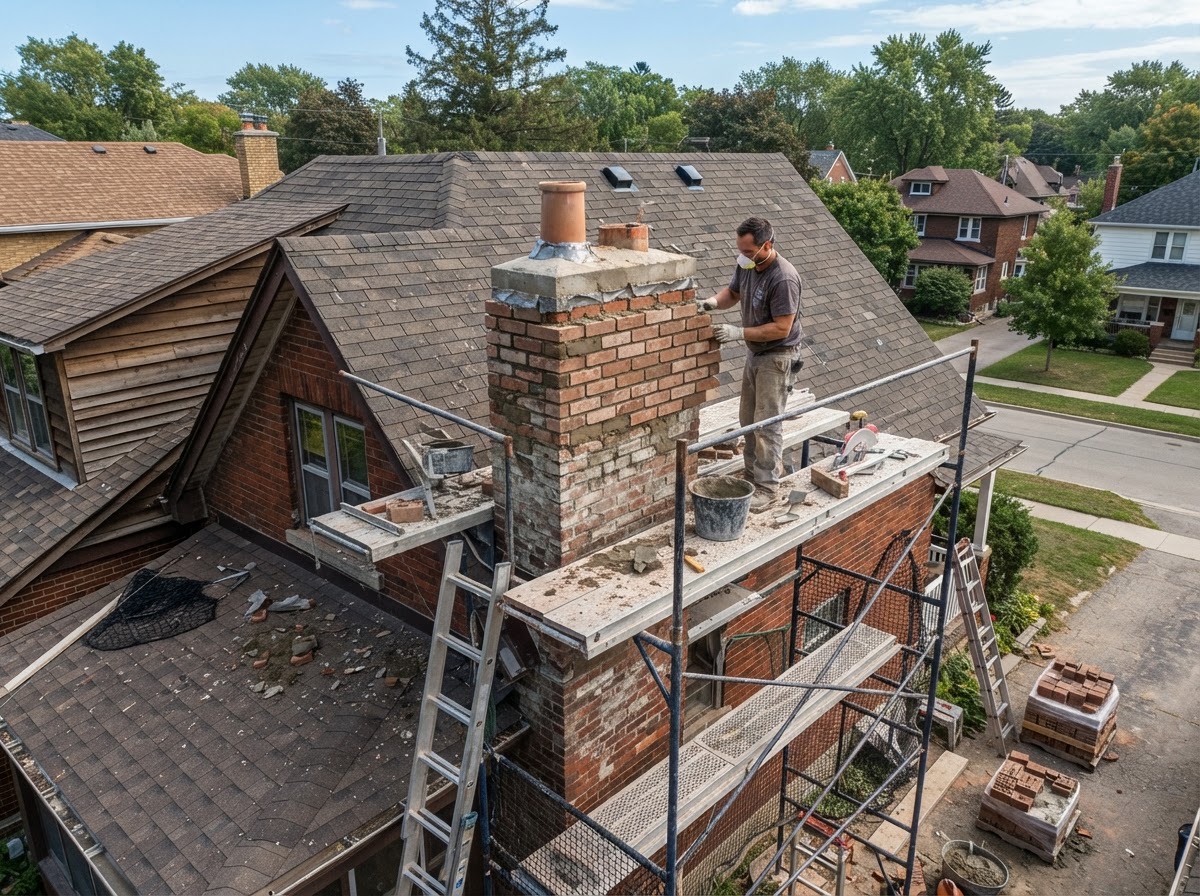 Partial chimney rebuild in progress with matching clay brick and mortar and scaffolding access