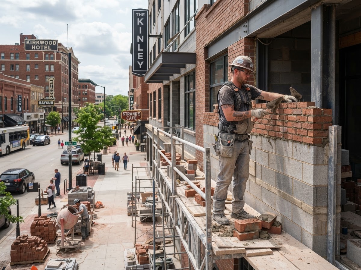 Commercial brick masonry facade on a Central Iowa streetscape with CMU and clay brick