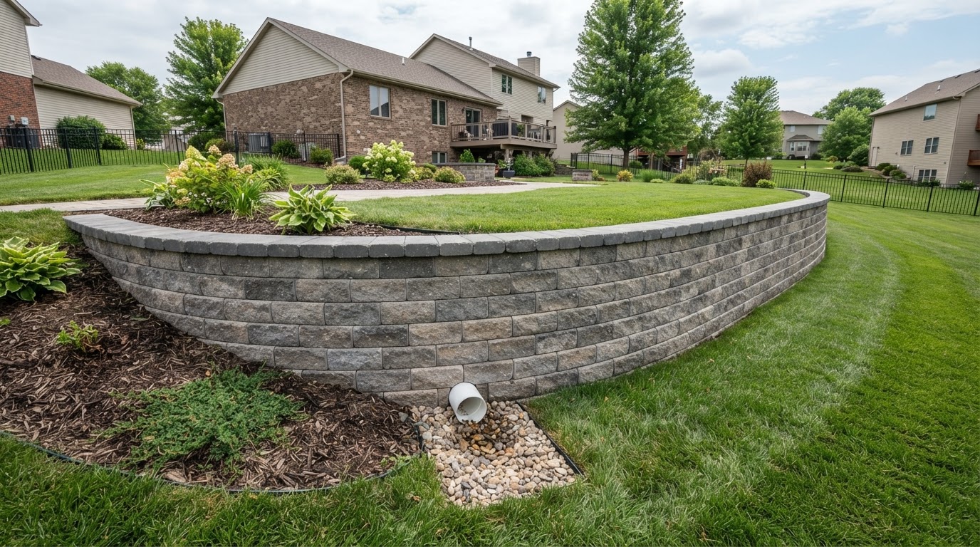 Completed segmental block retaining wall with coping caps on a Nevada property