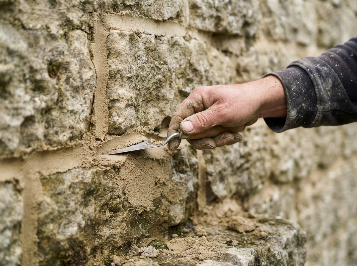 Mason repointing mortar joints on a natural stone wall with a pointing tool, showing fresh compatible mortar being tooled