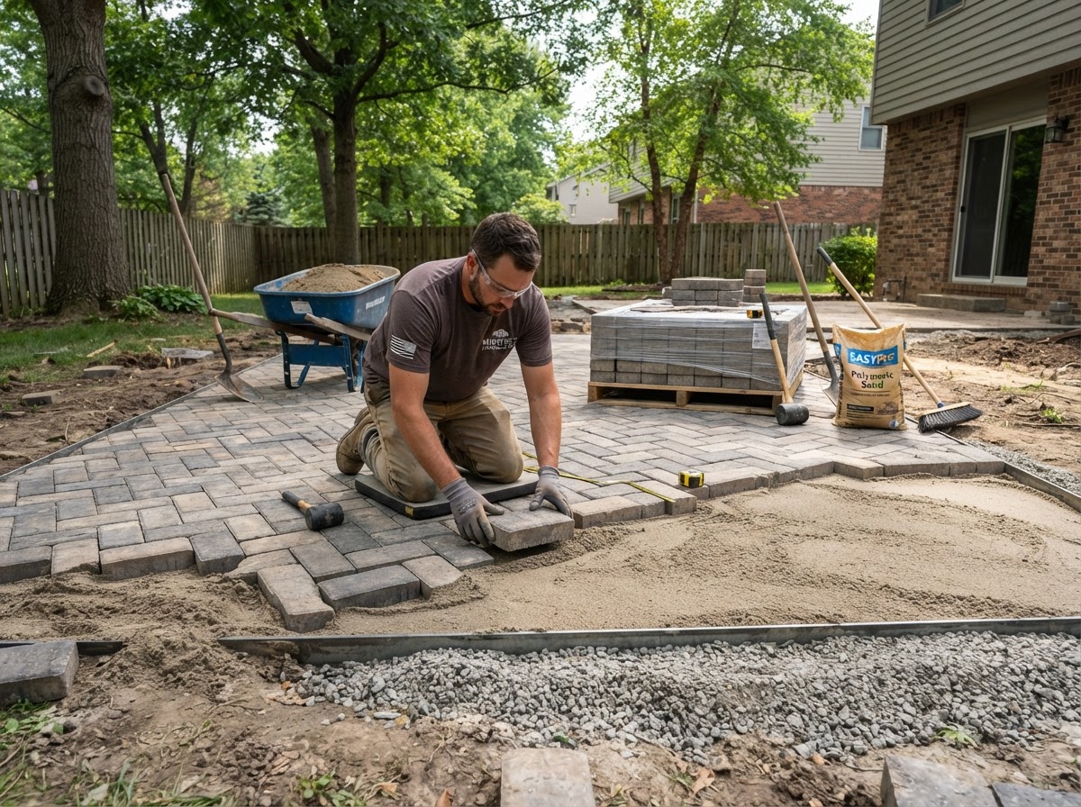 Paver patio installation showing compacted base and concrete pavers being laid