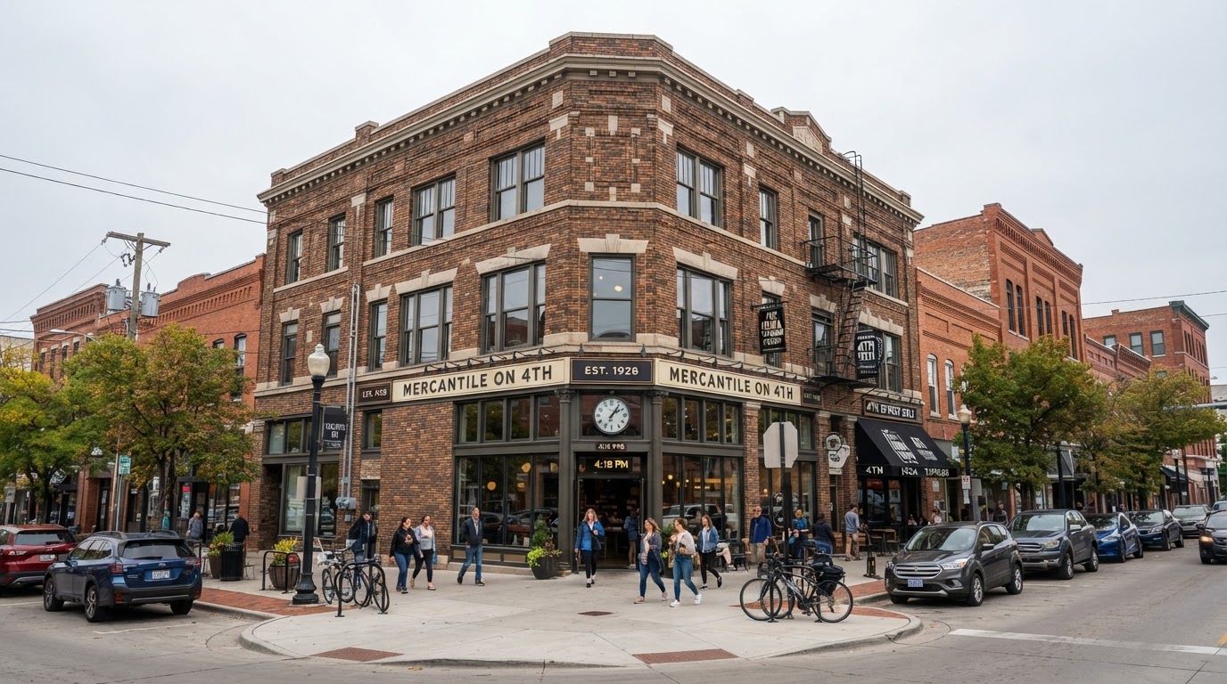 Brick masonry commercial building facade on a Central Iowa streetscape