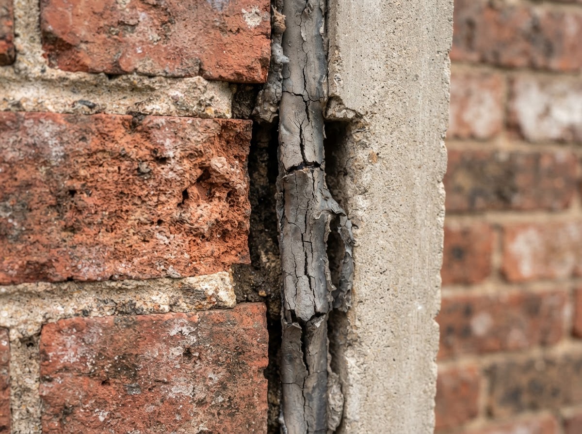 Cracked and debonded masonry sealant at a joint transition, showing failed caulk pulling away from brick edges