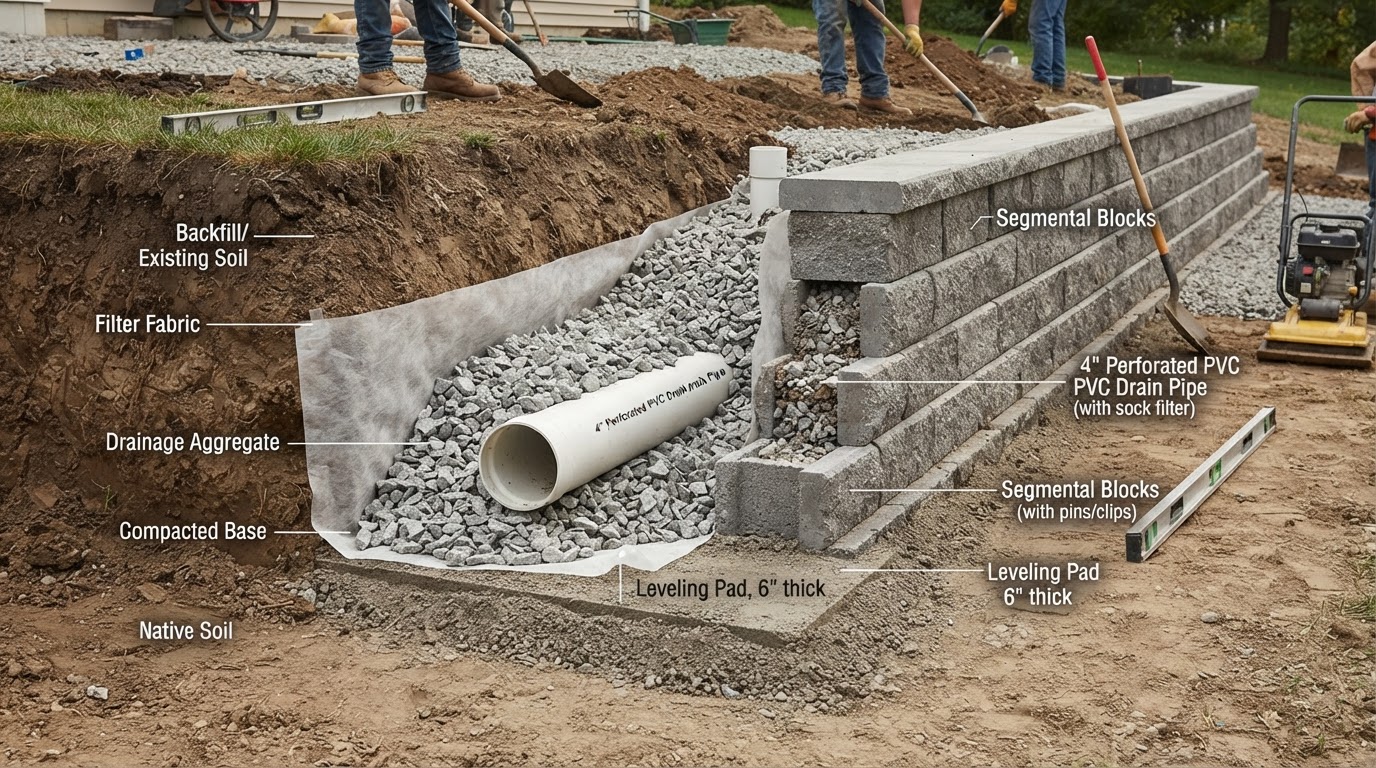 Installing drainage aggregate and perforated pipe behind a retaining wall in Nevada