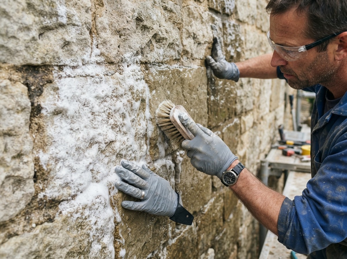 Mason cleaning efflorescence from a stone masonry wall with a compatible cleaner and brush