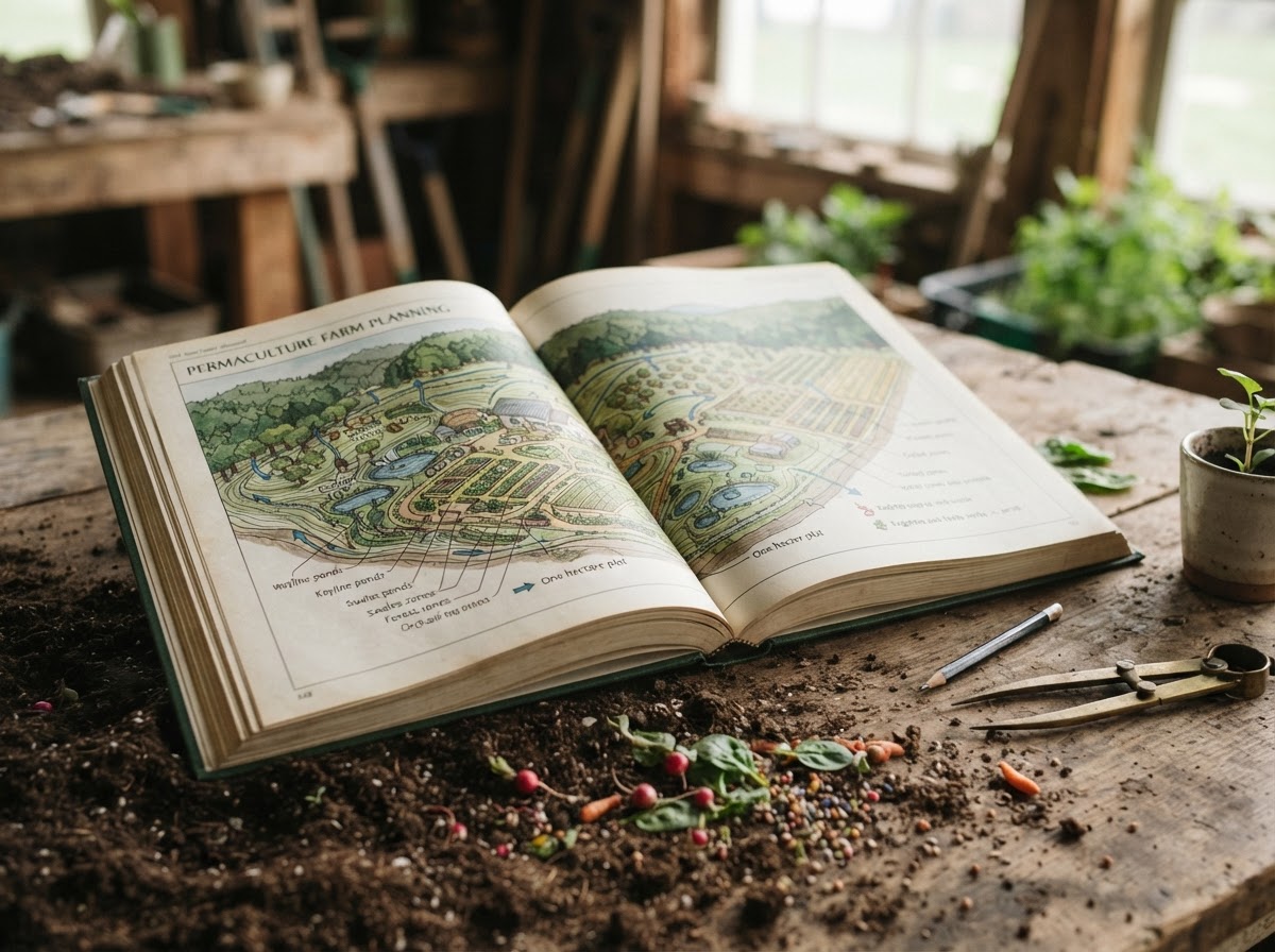 Manual con diagrama de finca de una hectárea sobre tierra fértil.