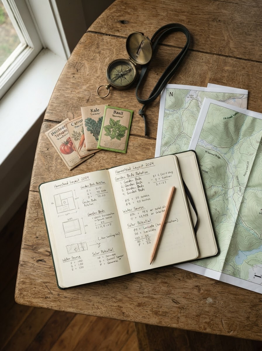Herramientas de planificación de autonomía: libretas, brújula, semillas y mapas topográficos sobre madera.