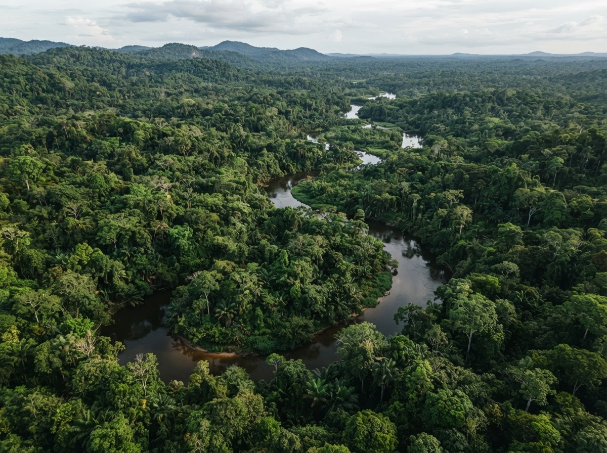 Vista aérea de selva tropical latinoamericana con un río serpenteante.