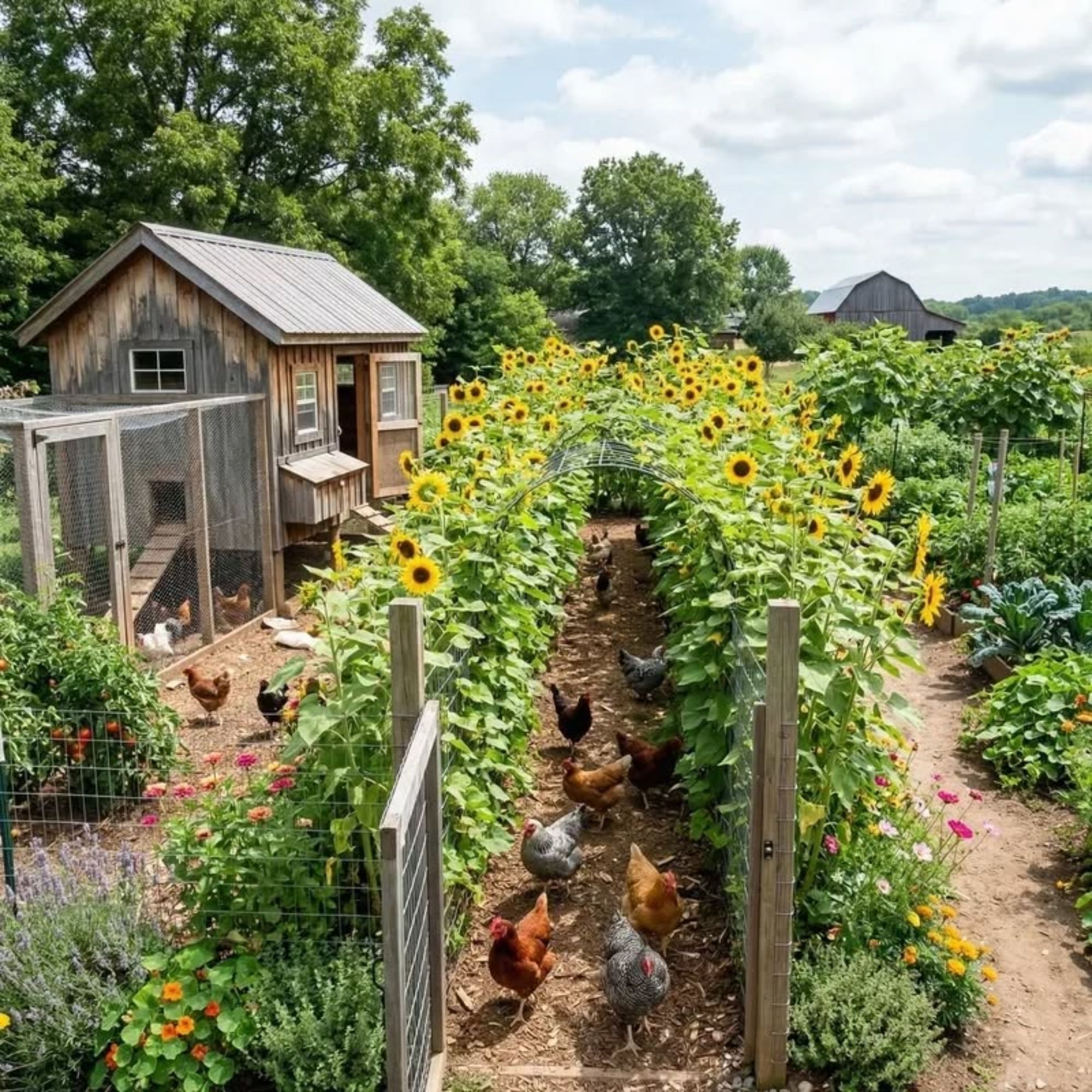Huerta y sistema integrado de producción de alimentos con gallinero y girasoles.