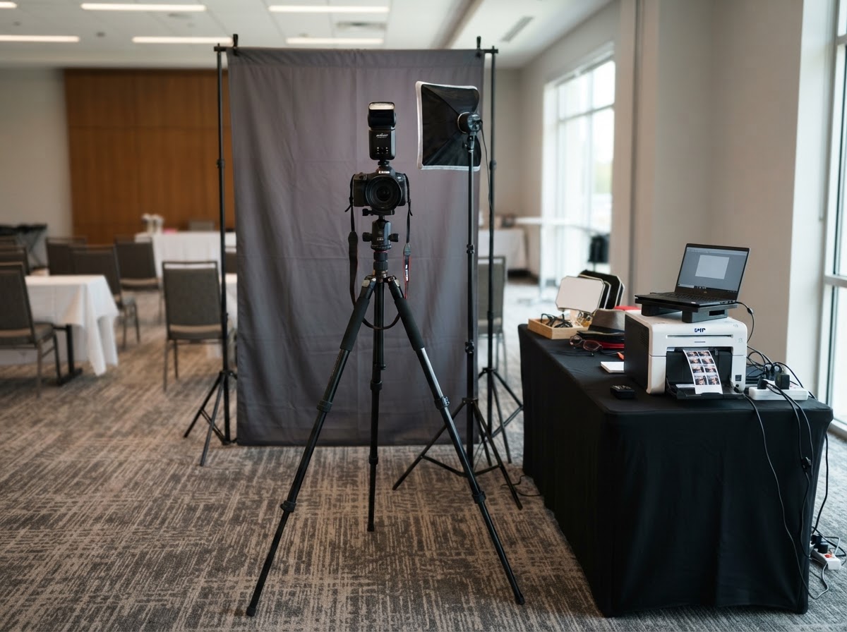 Photo booth equipment setup in a Galloway conference-style room.