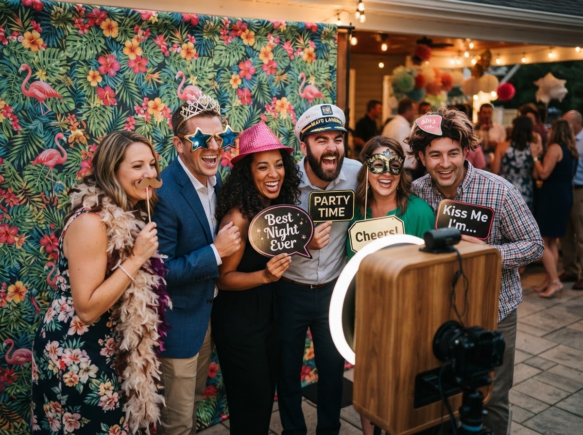 Adult party guests using photo booth props at a Mays Landing party.