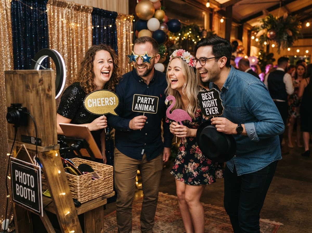 Adult party guests using photo booth props.