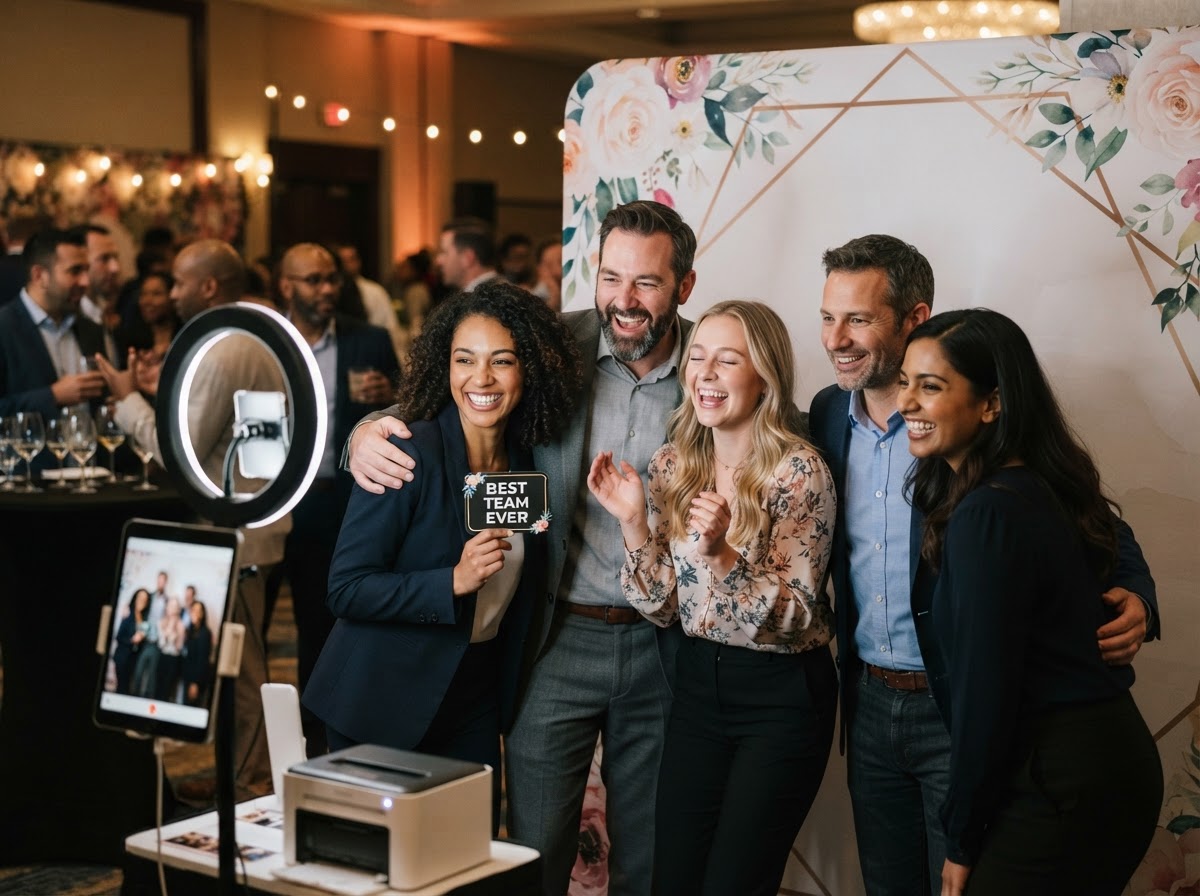Corporate event guests using an open-air photo booth.