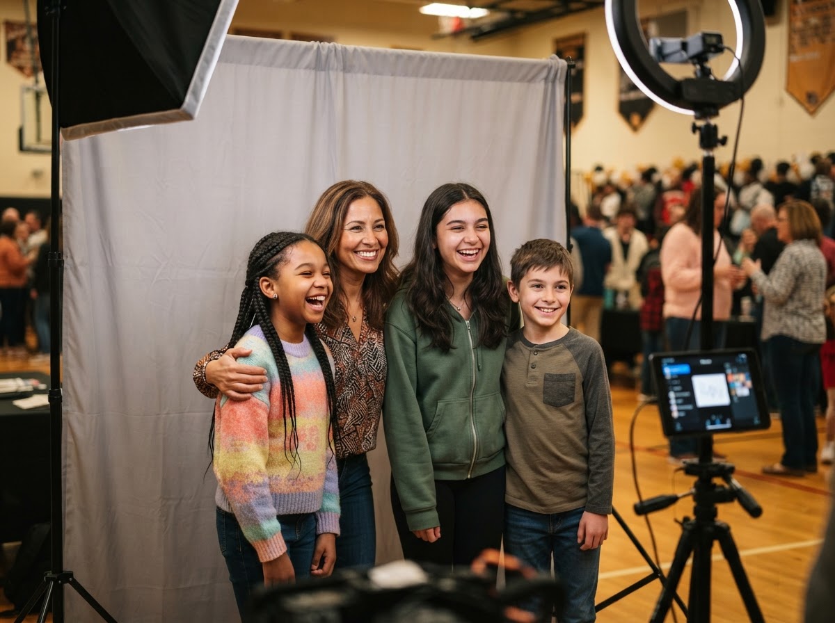 Students and family using a photo booth at a Galloway school event.