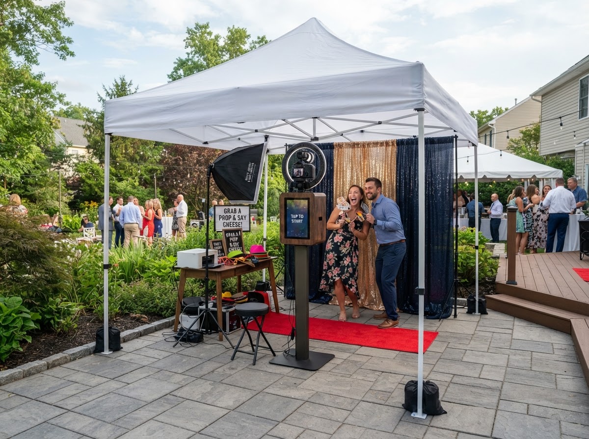 Covered outdoor party photo booth setup in South Jersey.