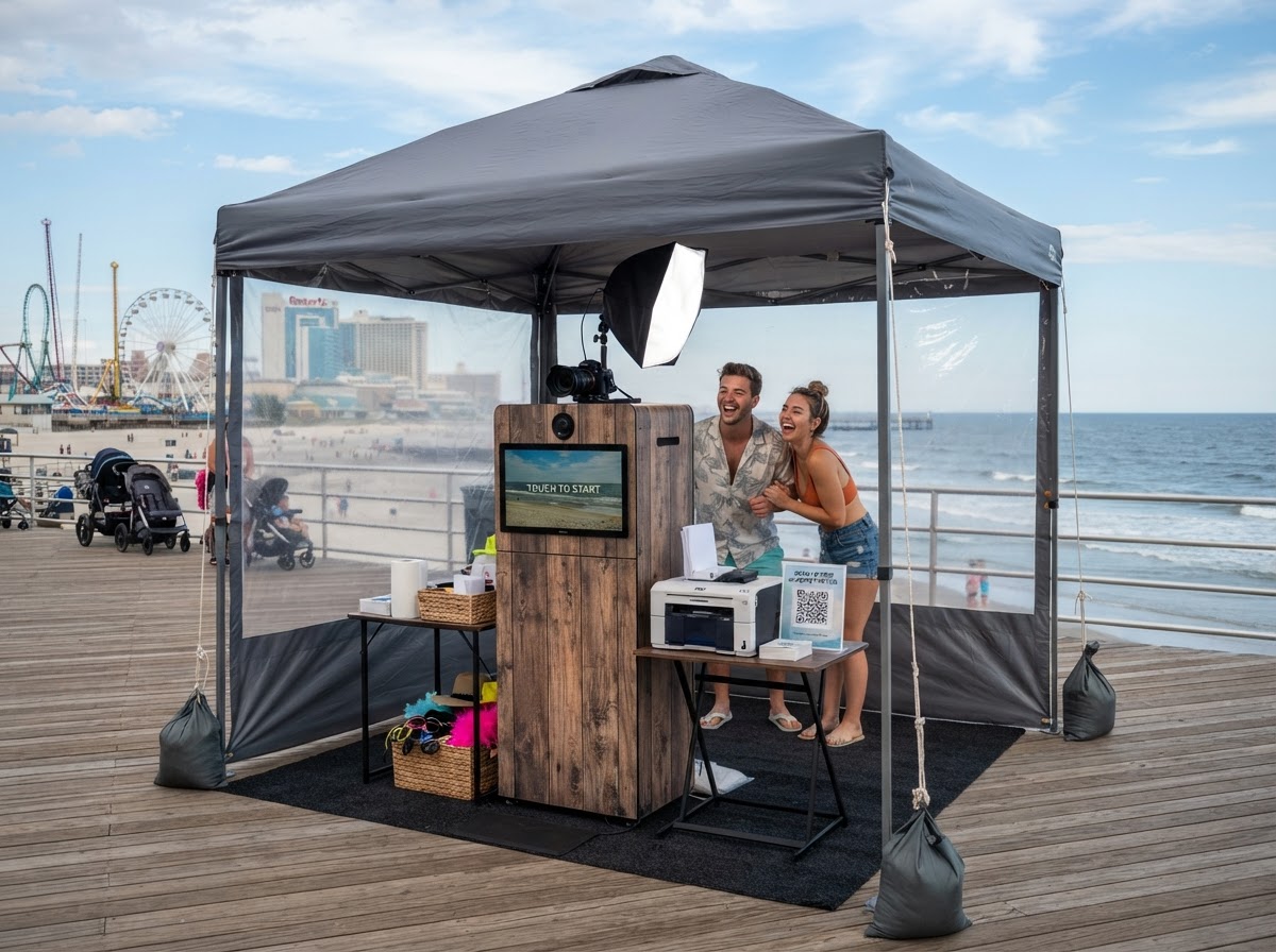 Covered coastal open-air photo booth placement near Atlantic City.