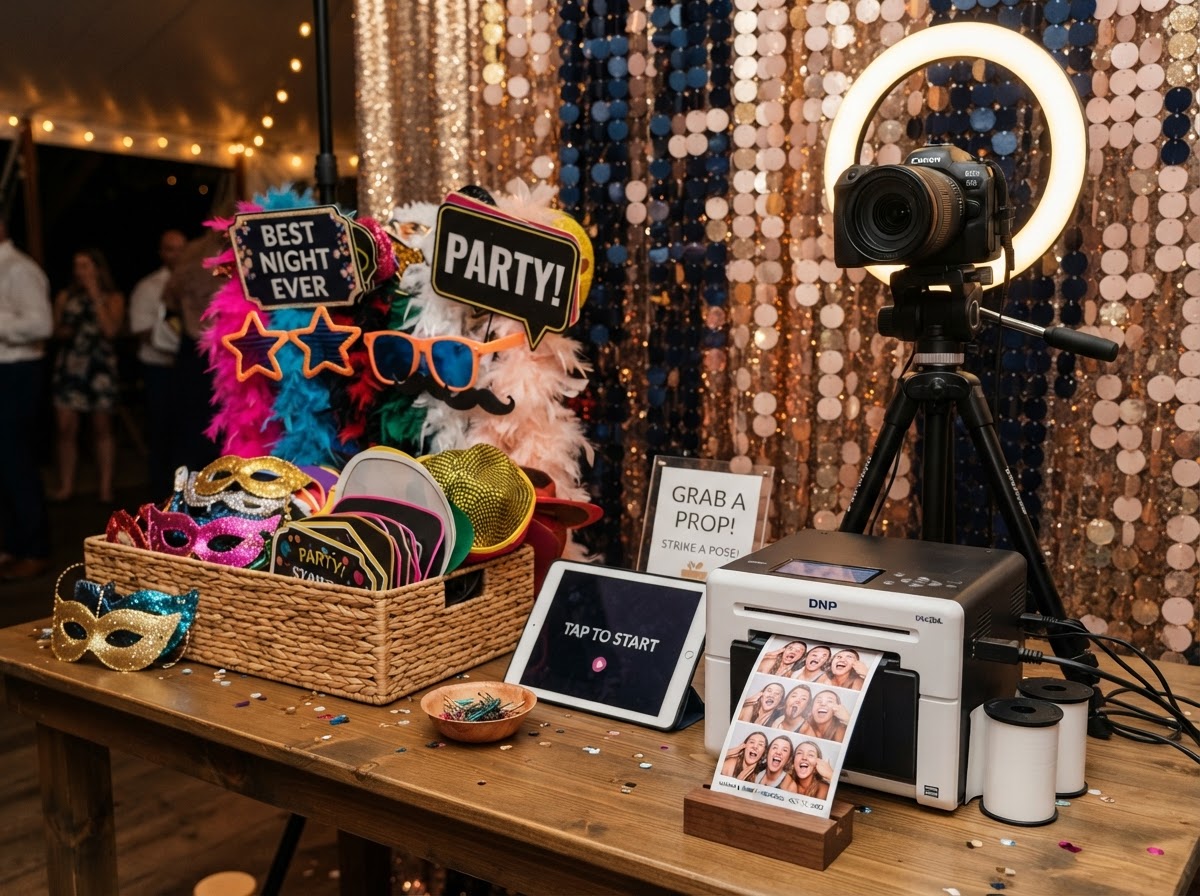 Photo booth backdrop props and print setup.