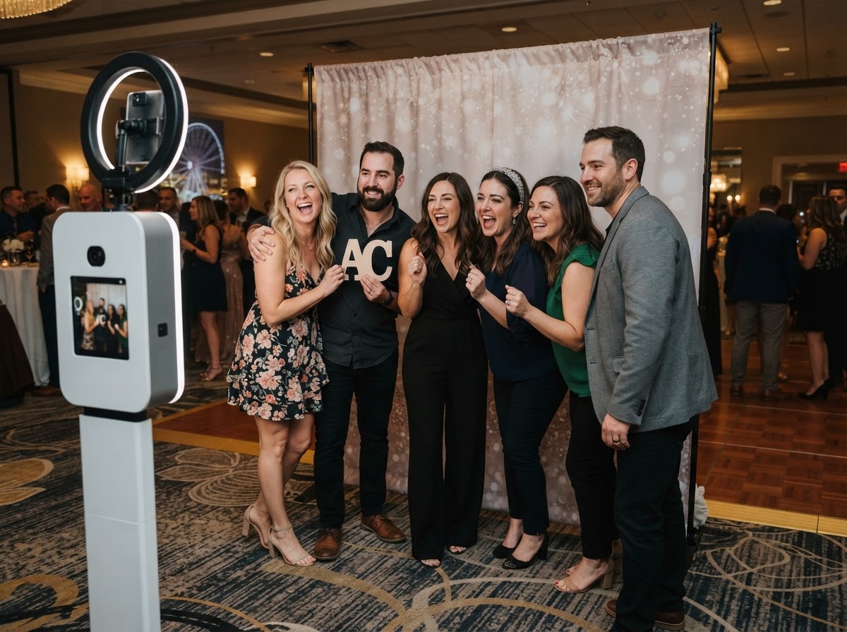 Guests taking group photos in an open-air photo booth in Atlantic City.