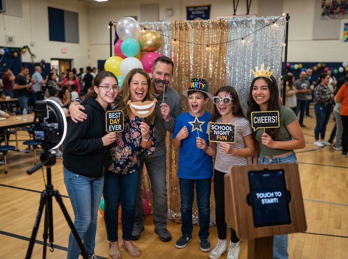 Guests using a photo booth at a school event.